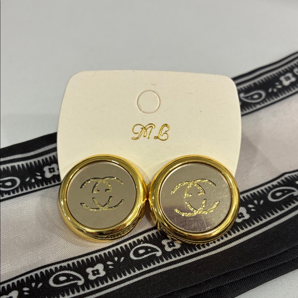 CC Boutique Gold and Cream Round Logo Earrings